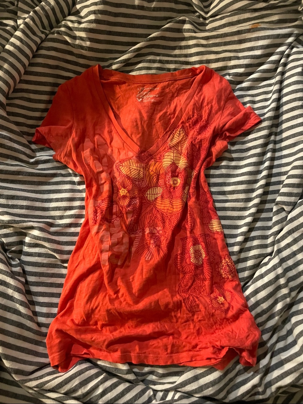 American Eagle Outfitters Coral Red V-Neck Floral Graphic Tee